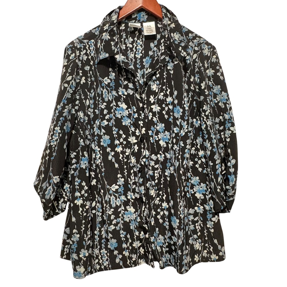 Just My Size Button‎ Top 2X Blue Floral Crinkle Boho Fairy Cottagecore Whimsical